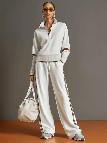 🤩🤩Retro Sporty Webbing Grey-white Half-zip Sweatshirt And Wide-leg Pants Set