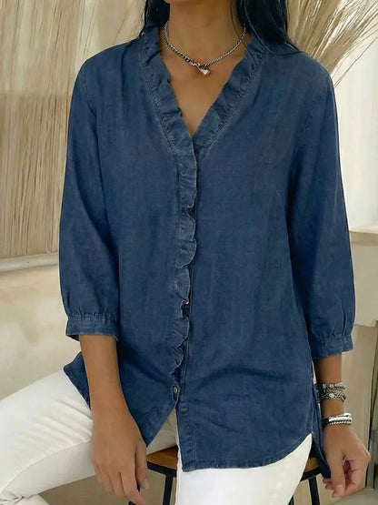 📦📦New Arrivals🔥Women's Casual Denim V-Neck Ruffled Shirt