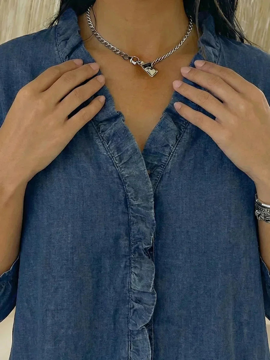 📦📦New Arrivals🔥Women's Casual Denim V-Neck Ruffled Shirt