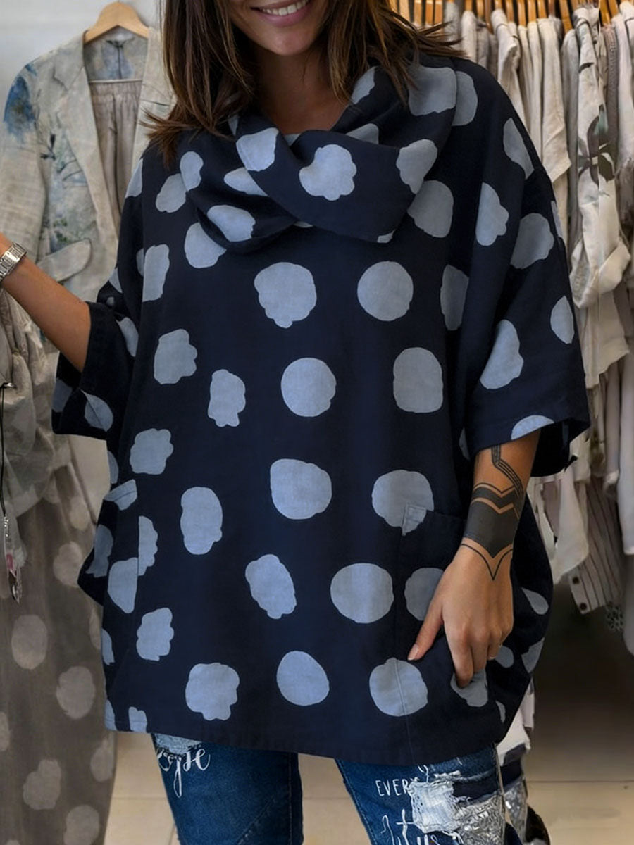 📦📦Women's Polka Dot Print Swing Collar 3/4 Sleeve Casual Loose Cotton And Linen Top