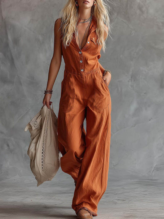 📦📦Women's Solid Color Shirt Collar Sleeveless Casual Loose Cotton And Linen Wide-leg Jumpsuit