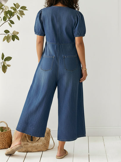 📦📦Buy 2 PCS for free shipping🔥Women's Casual Loose Short-sleeved V-neck Denim Jumpsuit