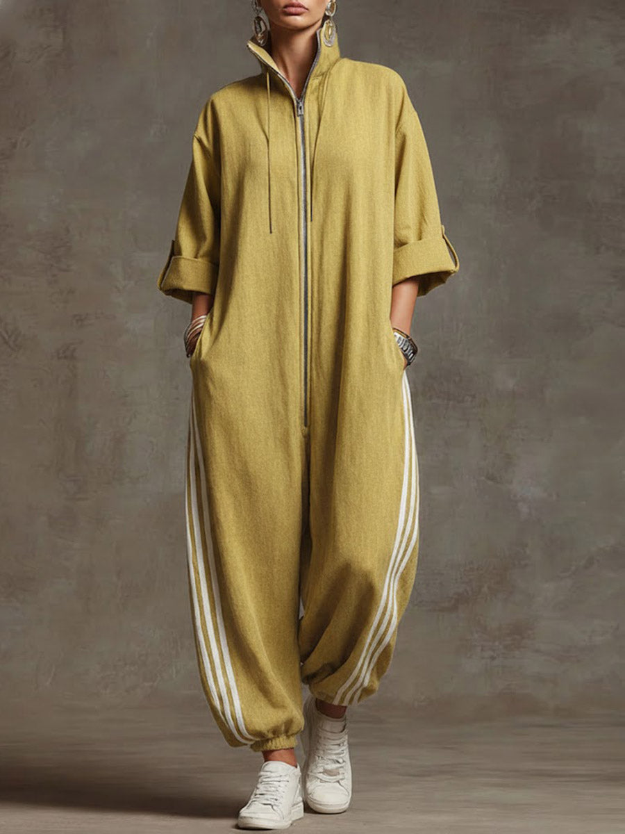 📦📦Women's Stand-collar 3/4 Sleeve Casual Loose Hooded Linen Jumpsuit