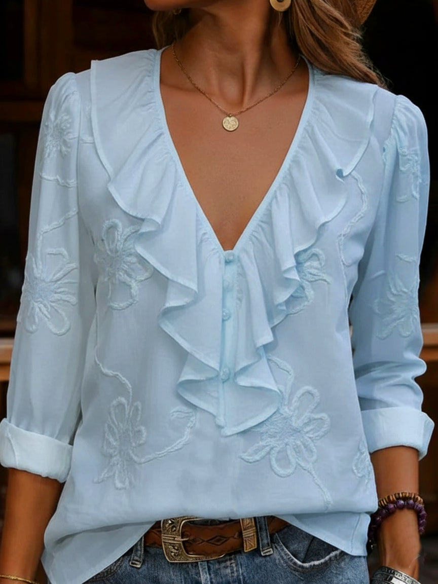 📦📦Vintage ruffled V-neck shirt with embroidered flowers