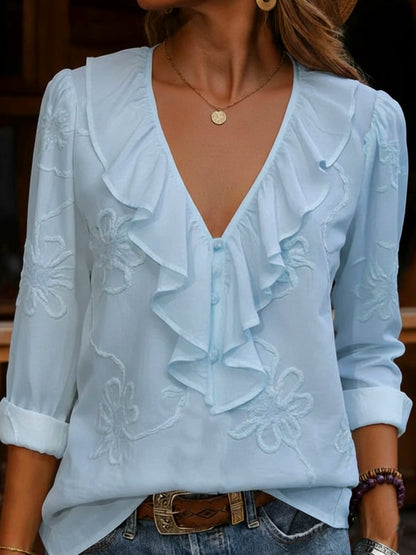 📦📦Vintage ruffled V-neck shirt with embroidered flowers