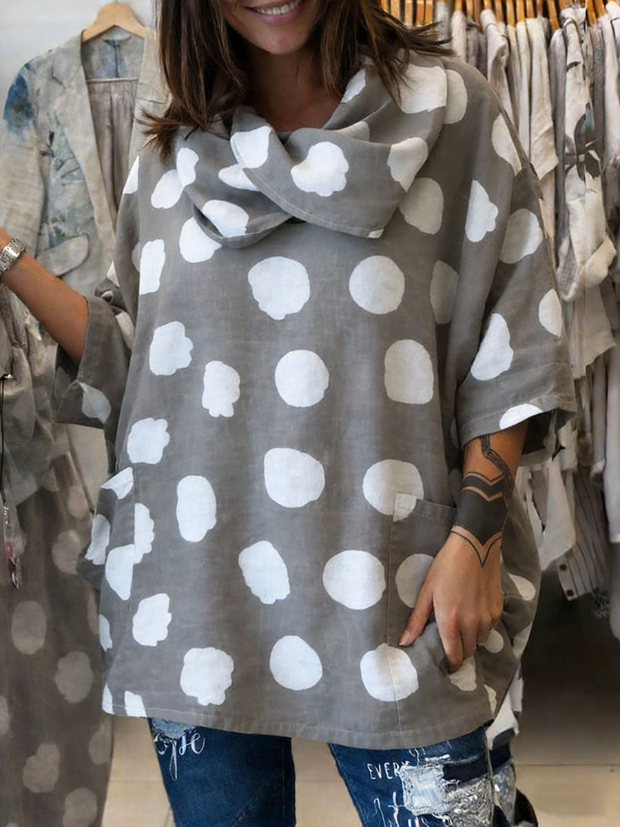 📦📦Women's Polka Dot Print Swing Collar 3/4 Sleeve Casual Loose Cotton And Linen Top