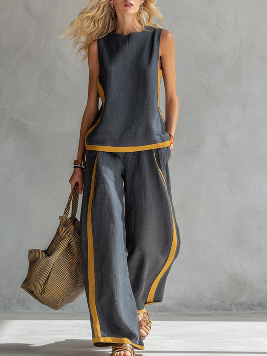 📦📦LAST DAY SAVE 49% ⏰Women's Round Neck Sleeveless Casual Loose Top And High-waisted Loose Wide-leg Pants Cotton And Linen Set.