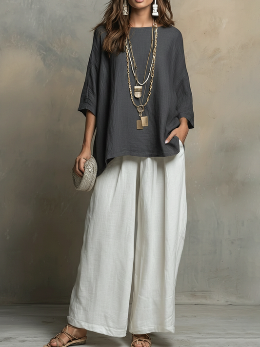 💝💝Cozy Cotton-linen Irregular Top And Wide-leg Pants Two-piece Set