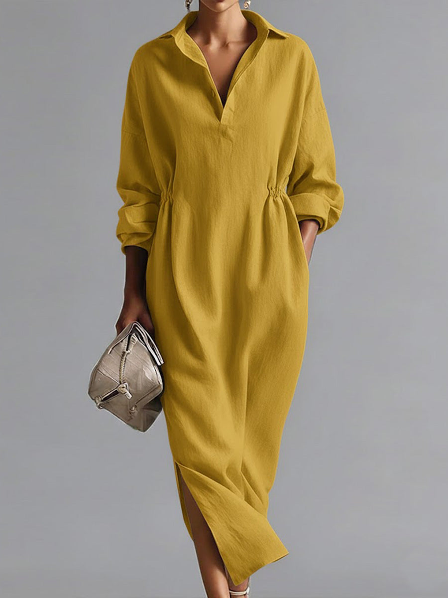 📦📦Women's Solid Color Lapel Long-sleeved Casual Loose Cotton Dress
