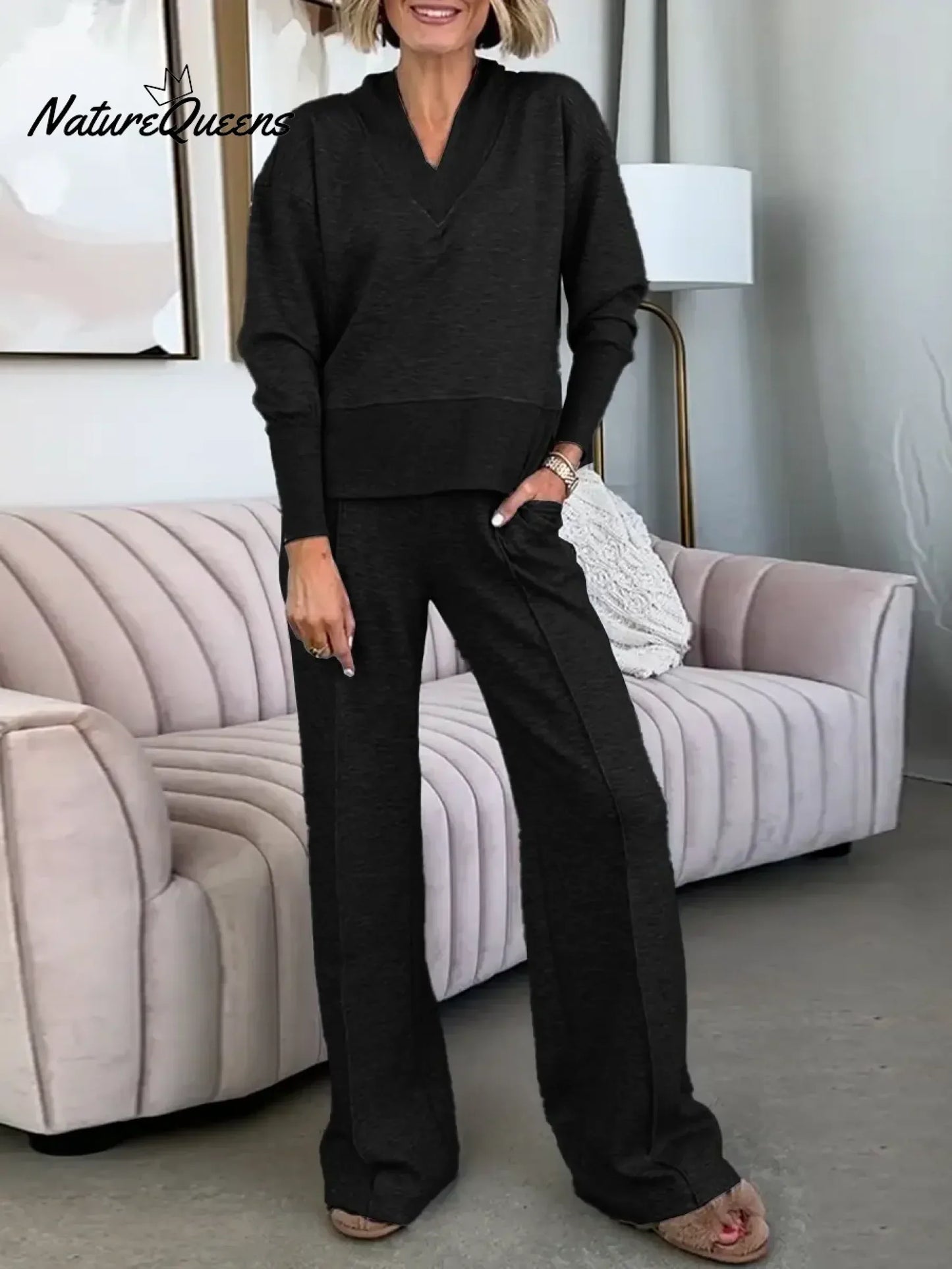 💝💝Women's Solid Color V-Neck Long Sleeve Casual Loose Sweatshirt High Waist Casual Loose Wide Leg Set