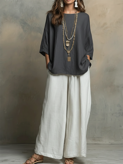 💝💝Cozy Cotton-linen Irregular Top And Wide-leg Pants Two-piece Set