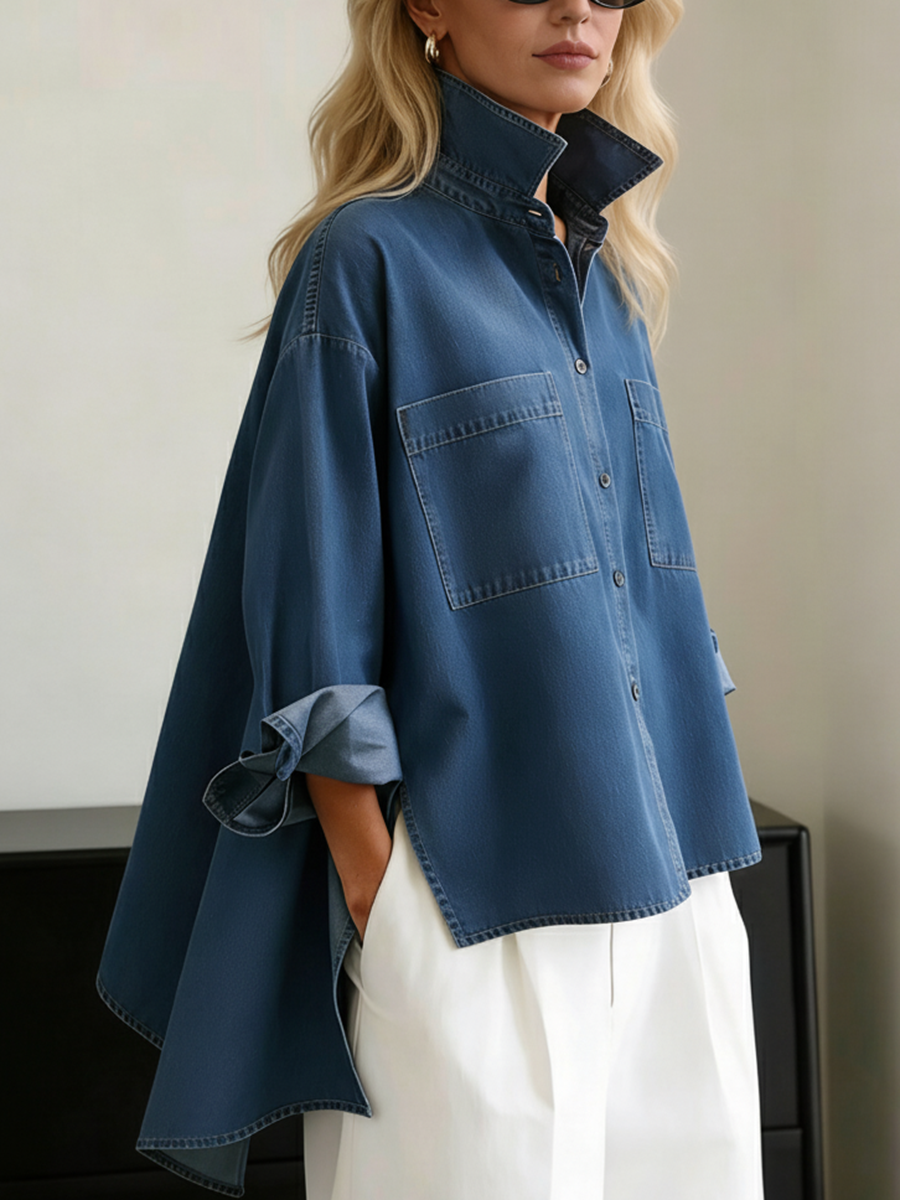 📦📦 New Arrivals🔥Casual Stand-collar Irregular Hem Denim Shirt Top