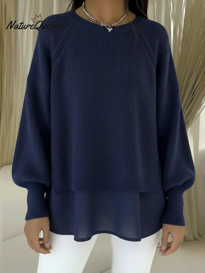 💝💝Women's Comfortable Patchwork Faux Two-piece Lantern Sleeve Sweater