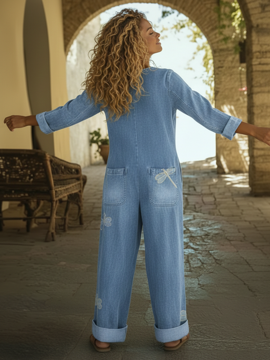 💝💝Casual Dragonfly Print Denim Jumpsuit