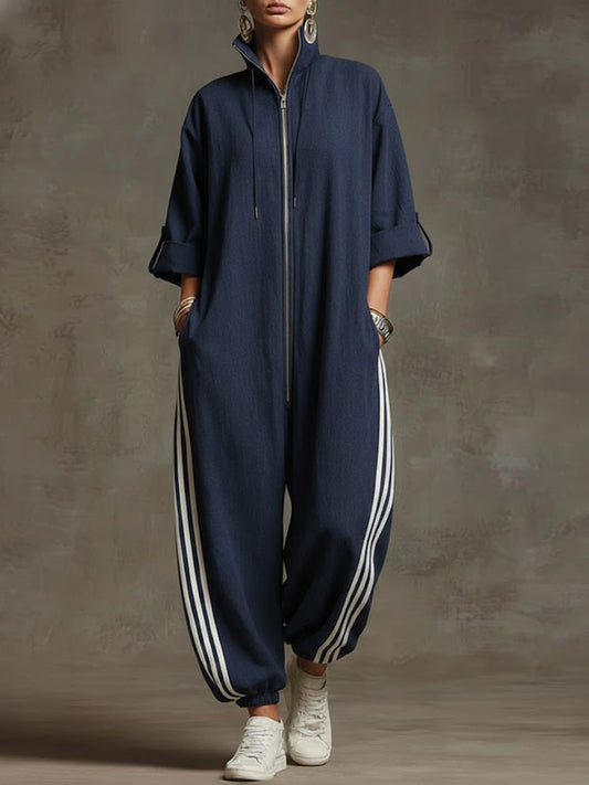 📦📦Women's Stand-collar 3/4 Sleeve Casual Loose Hooded Linen Jumpsuit