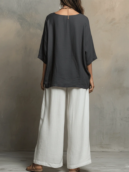 💝💝Cozy Cotton-linen Irregular Top And Wide-leg Pants Two-piece Set