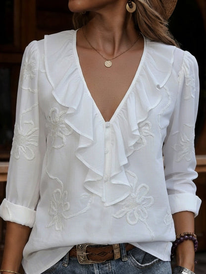 📦📦Vintage ruffled V-neck shirt with embroidered flowers