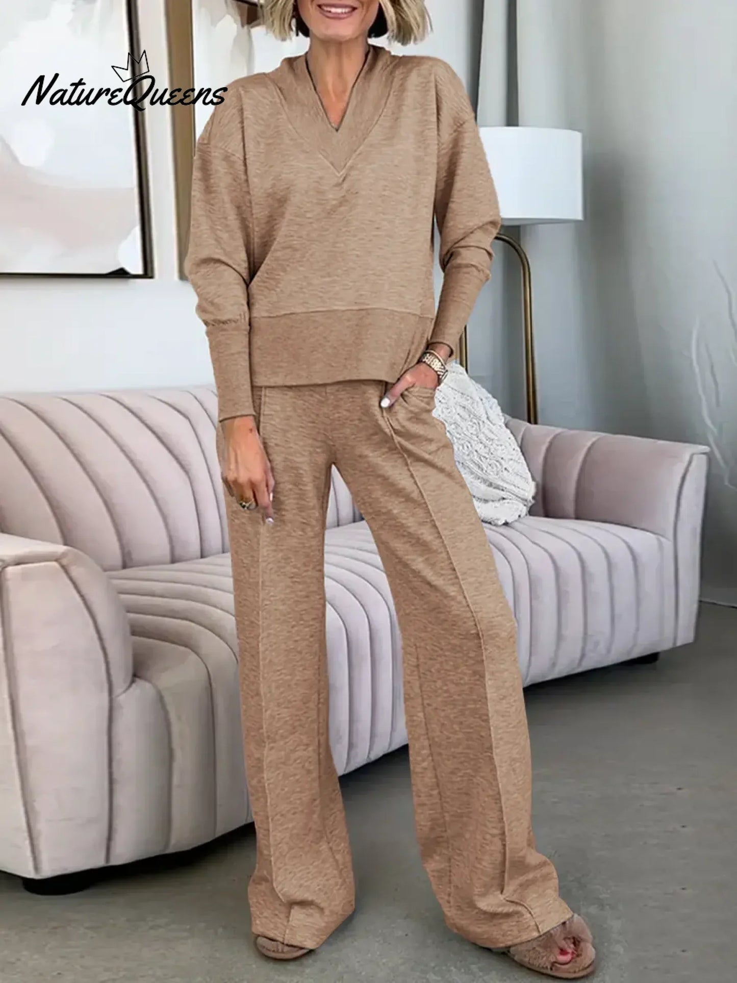 💝💝Women's Solid Color V-Neck Long Sleeve Casual Loose Sweatshirt High Waist Casual Loose Wide Leg Set