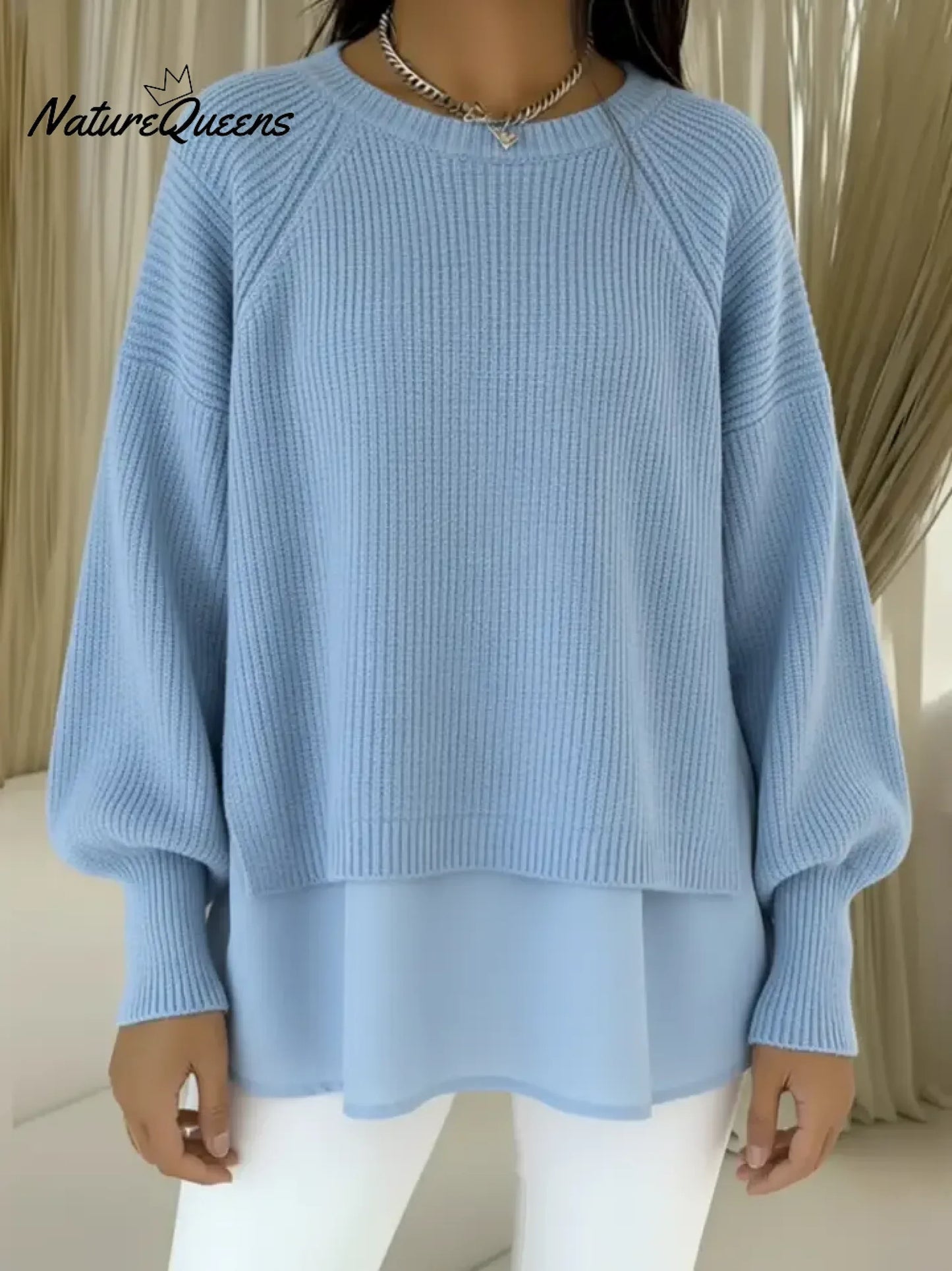 💝💝Women's Comfortable Patchwork Faux Two-piece Lantern Sleeve Sweater