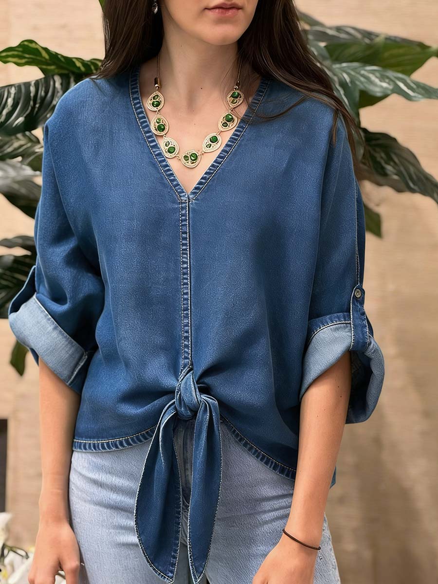 💝💝Women's V-neck Long-sleeved Tie-waist Loose-fitting Denim Top