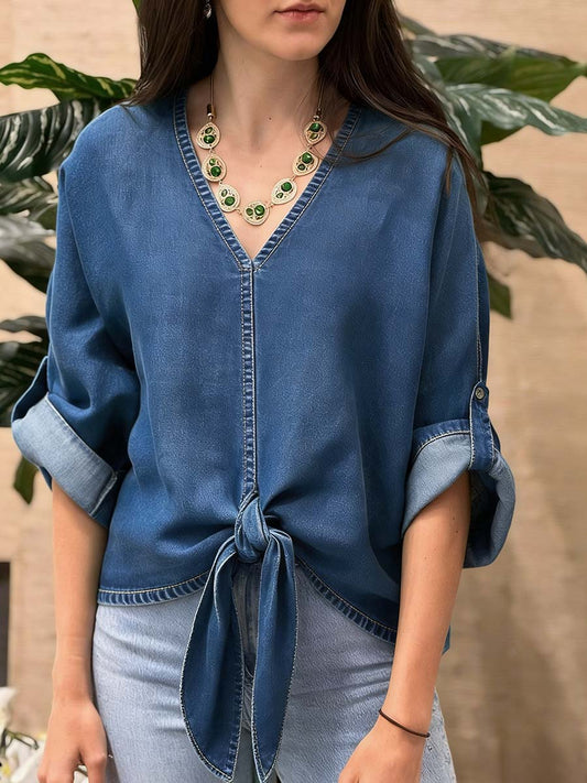 💝💝Women's V-neck Long-sleeved Tie-waist Loose-fitting Denim Top