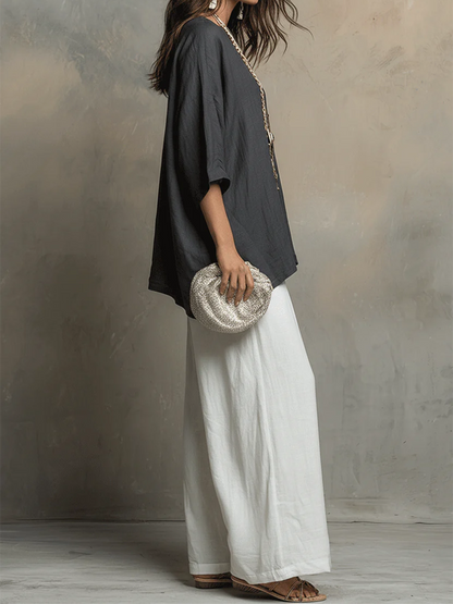 💝💝Cozy Cotton-linen Irregular Top And Wide-leg Pants Two-piece Set