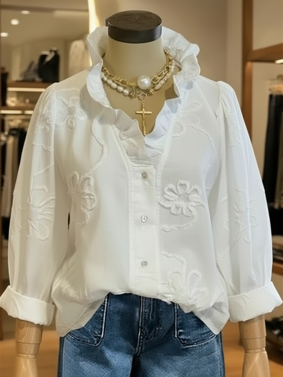 💝💝Casual Romantic Ruffled Collar Denim Shirt