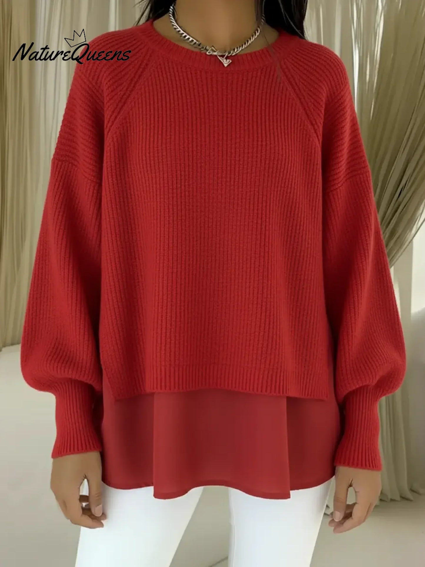 💝💝Women's Comfortable Patchwork Faux Two-piece Lantern Sleeve Sweater