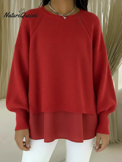💝💝Women's Comfortable Patchwork Faux Two-piece Lantern Sleeve Sweater