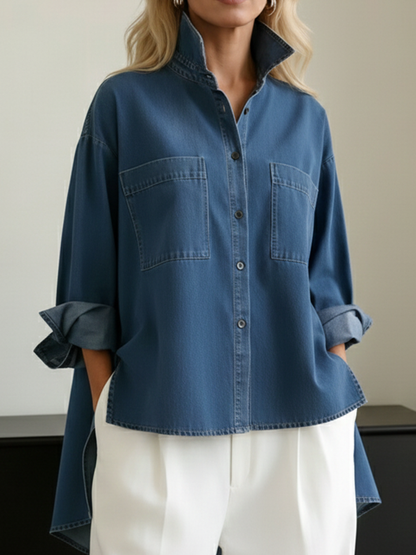 📦📦 New Arrivals🔥Casual Stand-collar Irregular Hem Denim Shirt Top