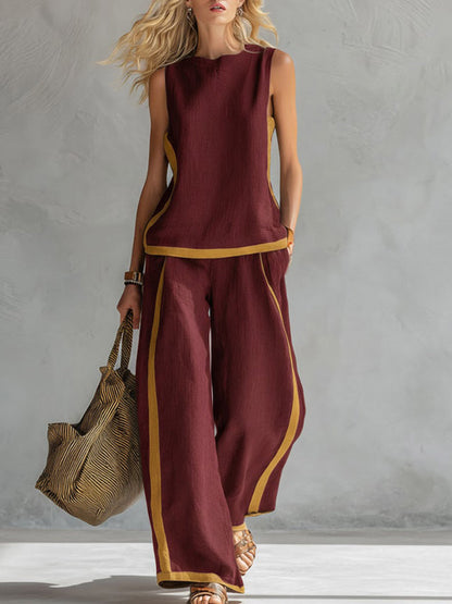 📦📦LAST DAY SAVE 49% ⏰Women's Round Neck Sleeveless Casual Loose Top And High-waisted Loose Wide-leg Pants Cotton And Linen Set.