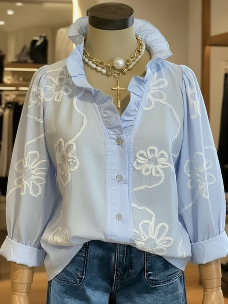 💝💝Casual Romantic Ruffled Collar Denim Shirt