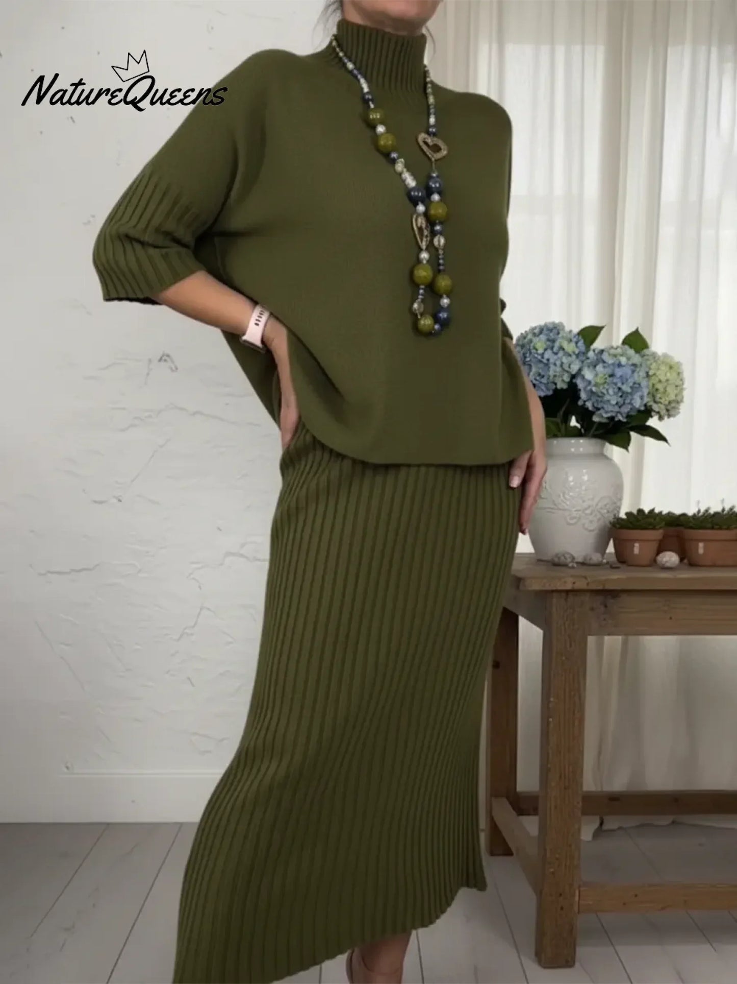💝💝Elegant Knitted Turtleneck Sweater And Skirt Two-piece Set