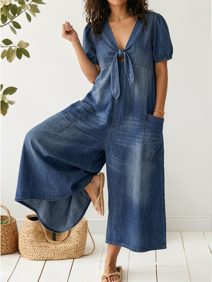 📦📦Buy 2 PCS for free shipping🔥Women's Casual Loose Short-sleeved V-neck Denim Jumpsuit