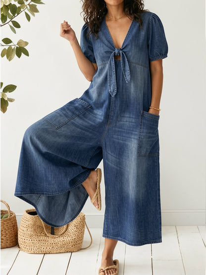 📦📦Buy 2 PCS for free shipping🔥Women's Casual Loose Short-sleeved V-neck Denim Jumpsuit