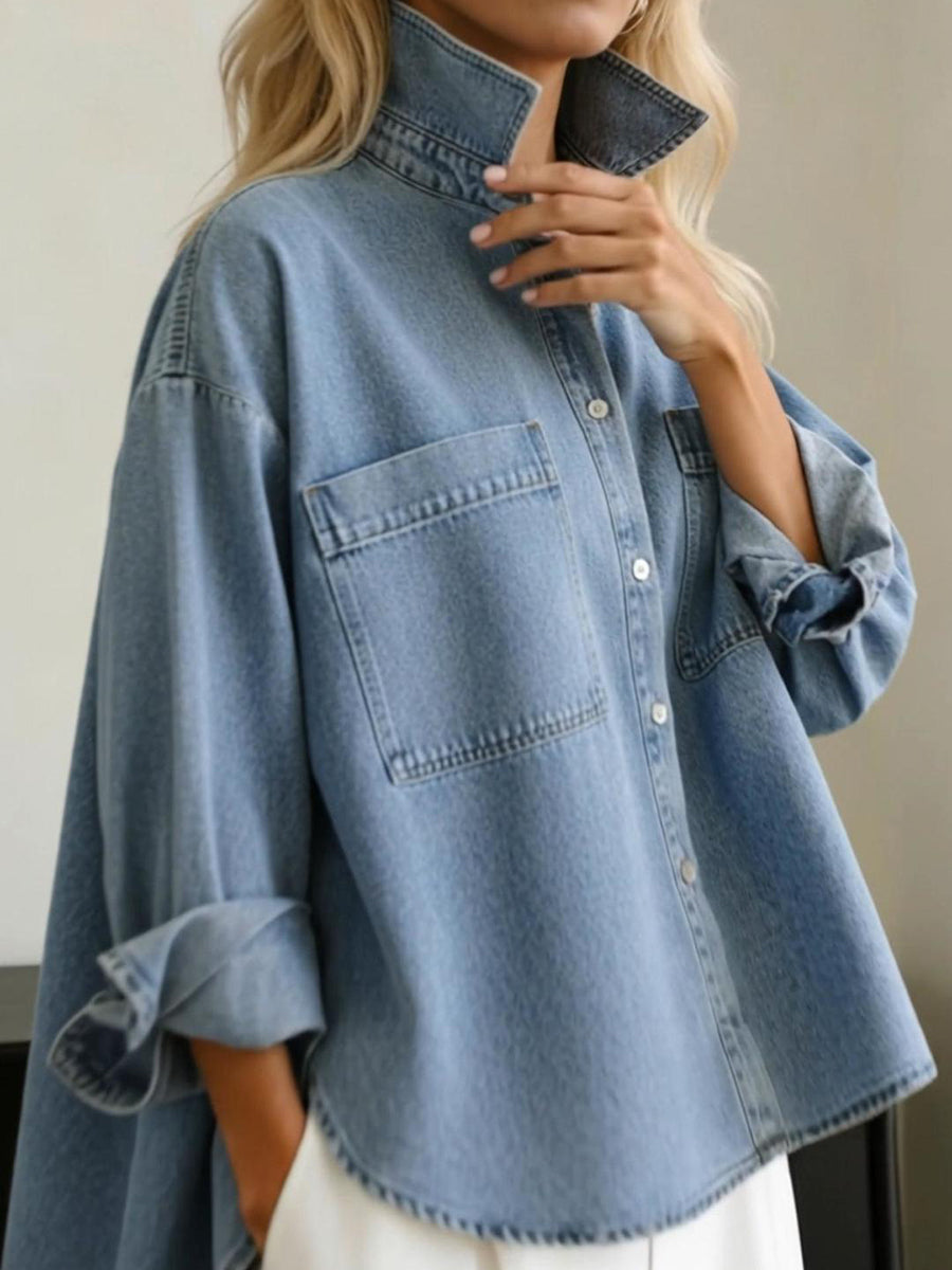 📦📦 New Arrivals🔥Casual Stand-collar Irregular Hem Denim Shirt Top