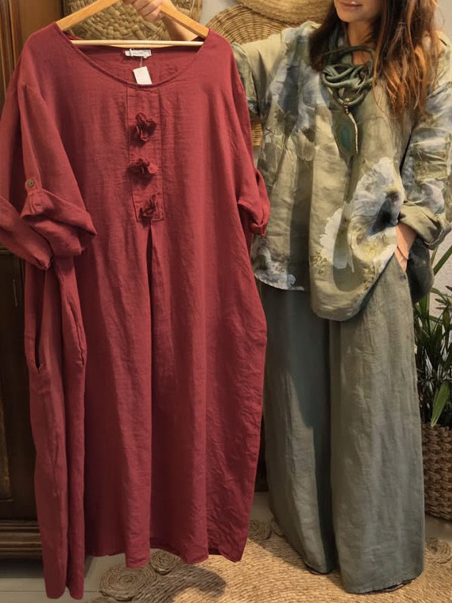 📦📦Buy 2 PCS for free shipping🔥Women's Solid Color Round Neck 3/4 Sleeve Casual Loose Cotton And Linen Dress