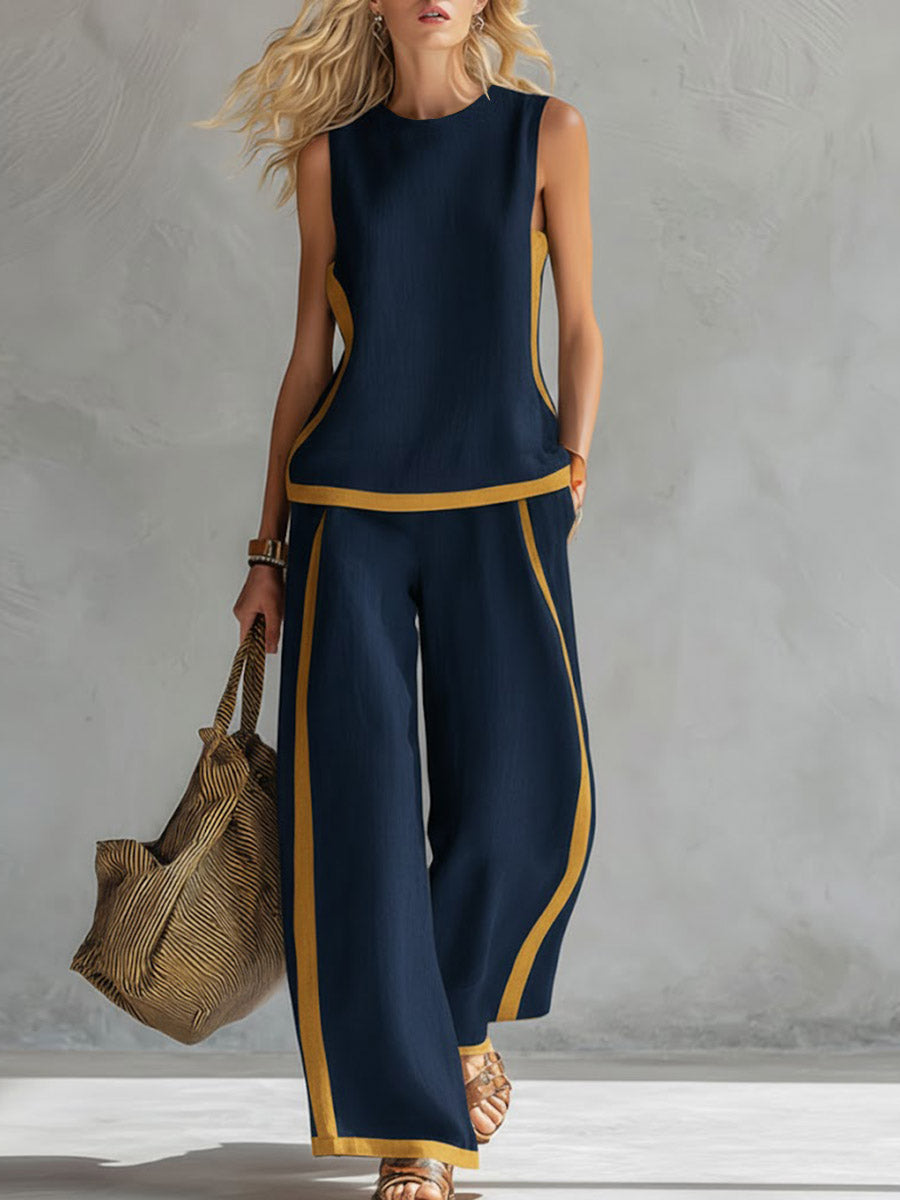 📦📦LAST DAY SAVE 49% ⏰Women's Round Neck Sleeveless Casual Loose Top And High-waisted Loose Wide-leg Pants Cotton And Linen Set.