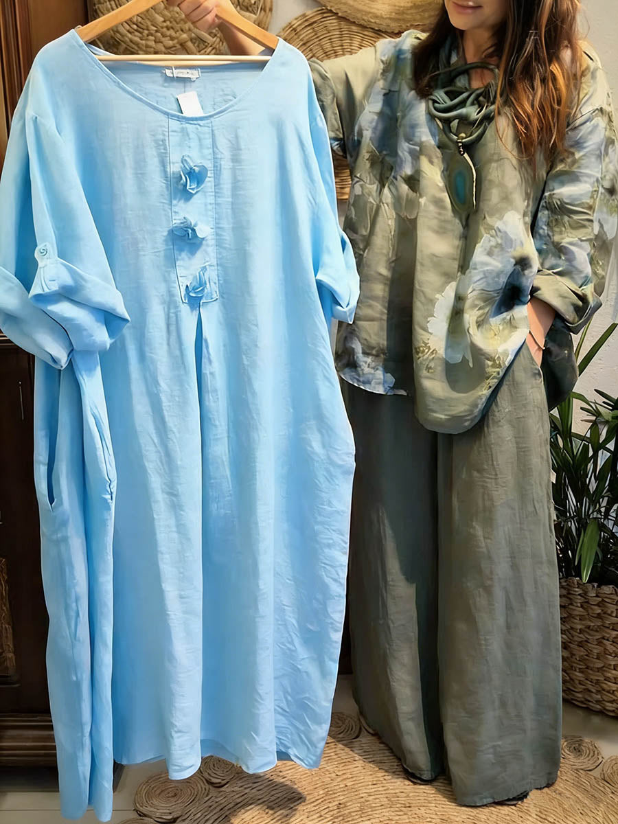 📦📦Buy 2 PCS for free shipping🔥Women's Solid Color Round Neck 3/4 Sleeve Casual Loose Cotton And Linen Dress
