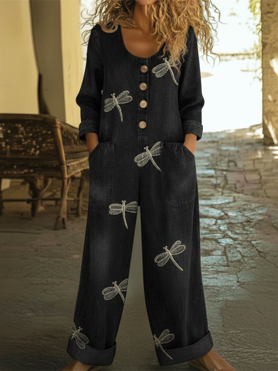 💝💝Casual Dragonfly Print Denim Jumpsuit