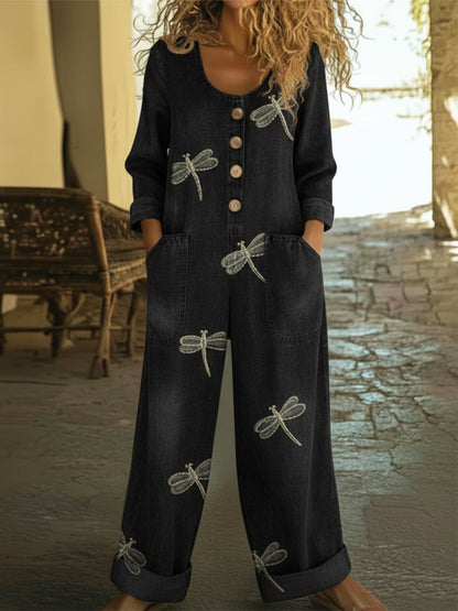 💝💝Casual Dragonfly Print Denim Jumpsuit