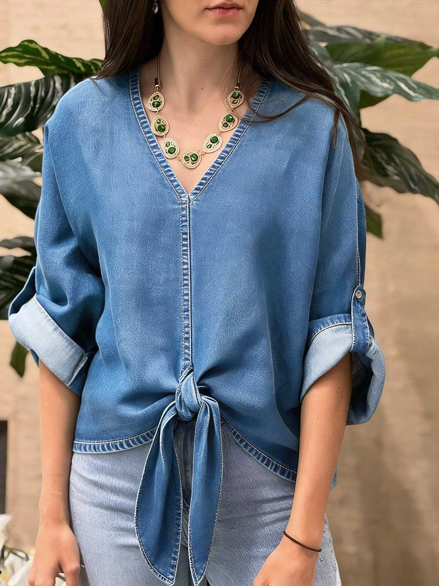 💝💝Women's V-neck Long-sleeved Tie-waist Loose-fitting Denim Top