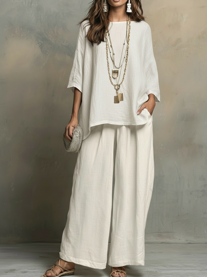 💝💝Cozy Cotton-linen Irregular Top And Wide-leg Pants Two-piece Set
