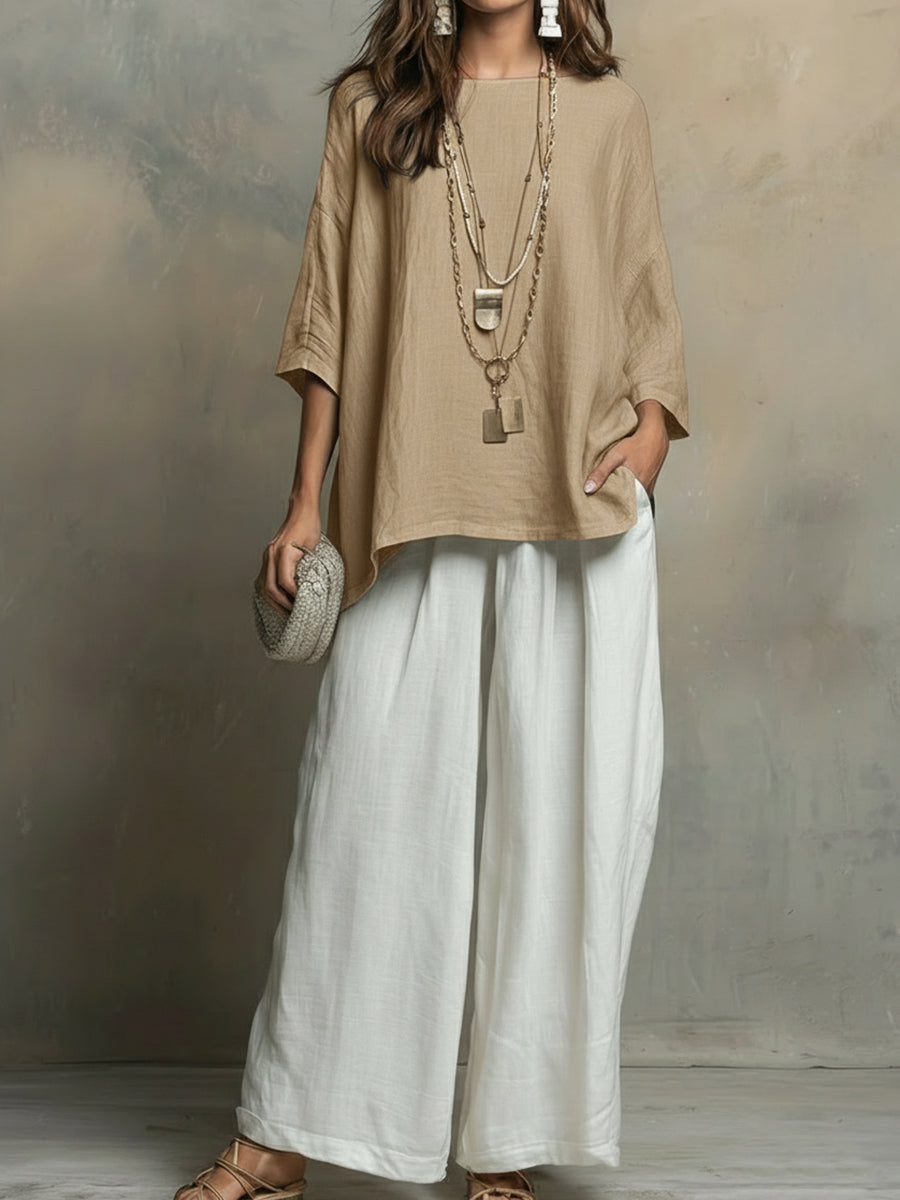💝💝Cozy Cotton-linen Irregular Top And Wide-leg Pants Two-piece Set