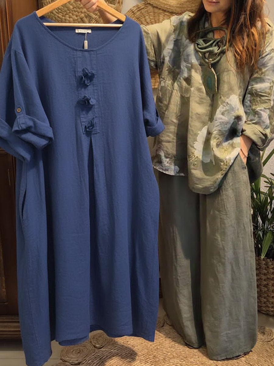 📦📦Buy 2 PCS for free shipping🔥Women's Solid Color Round Neck 3/4 Sleeve Casual Loose Cotton And Linen Dress