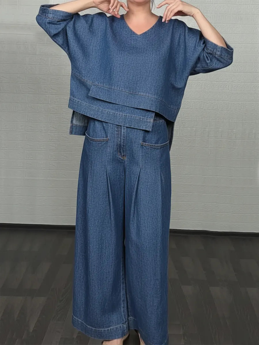 💝💝Women's Casual Denim Cotton Top And Pants Two-piece Set