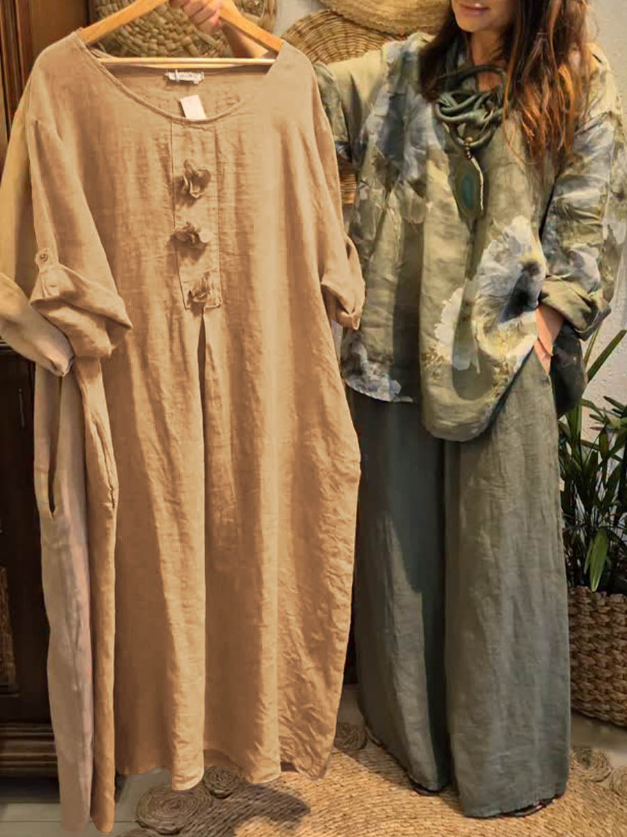 📦📦Buy 2 PCS for free shipping🔥Women's Solid Color Round Neck 3/4 Sleeve Casual Loose Cotton And Linen Dress