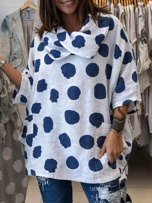 📦📦Women's Polka Dot Print Swing Collar 3/4 Sleeve Casual Loose Cotton And Linen Top
