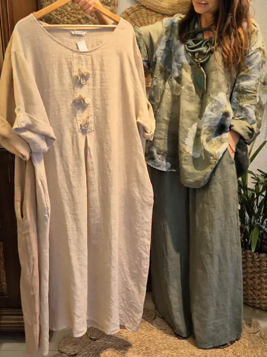 📦📦Buy 2 PCS for free shipping🔥Women's Solid Color Round Neck 3/4 Sleeve Casual Loose Cotton And Linen Dress