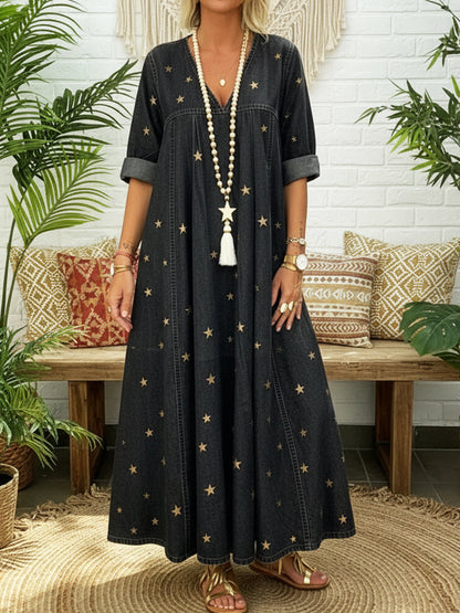 📦📦Buy 2 PCS for free shipping🔥Casual Gold Star Print 100% Cotton Denim Dress